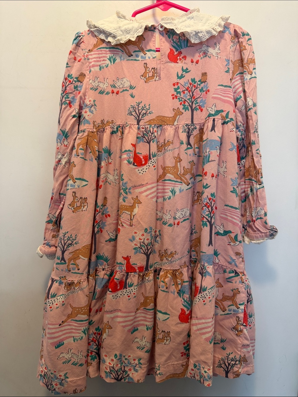 Girls Pink Woodland Animal Print Dress with Lace Collar - Picture 5 of 7